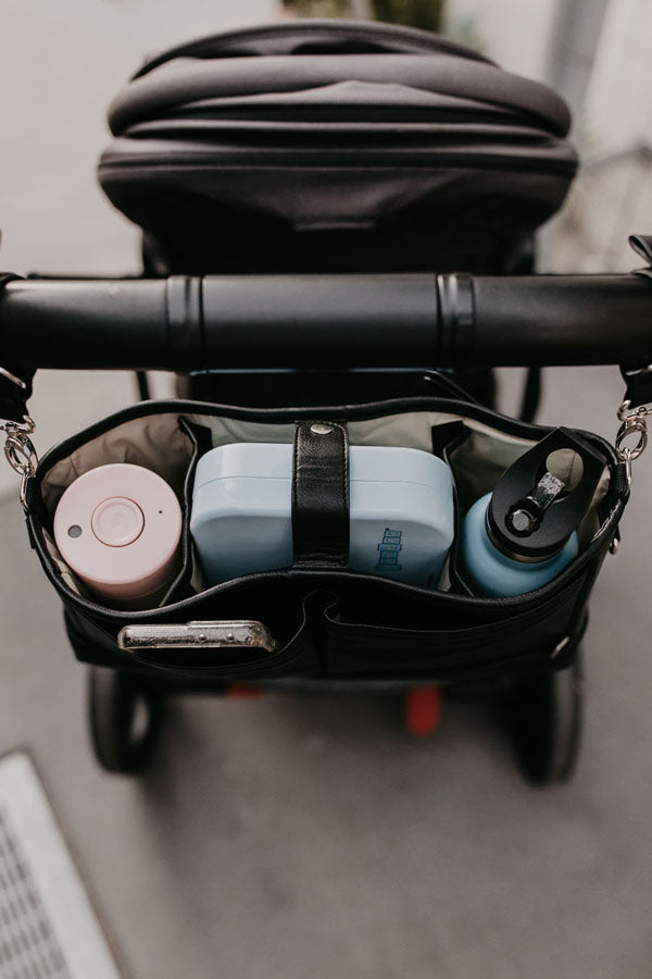 Signature Pram Caddy - Black Dimple Vegan Leather