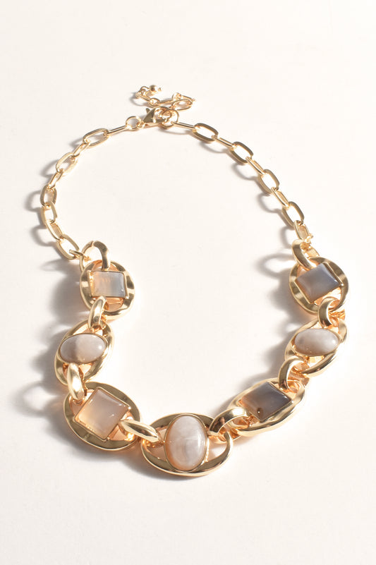 Stone Front Short Necklace - Gold/Grey