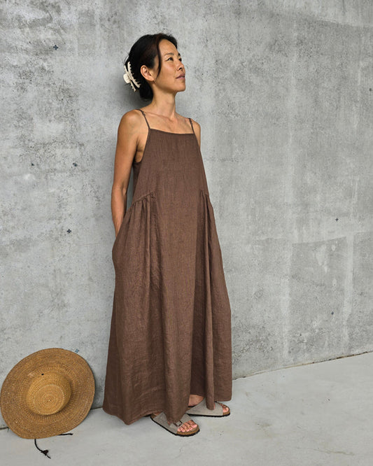 Claudette Linen Maxi Dress - Brown